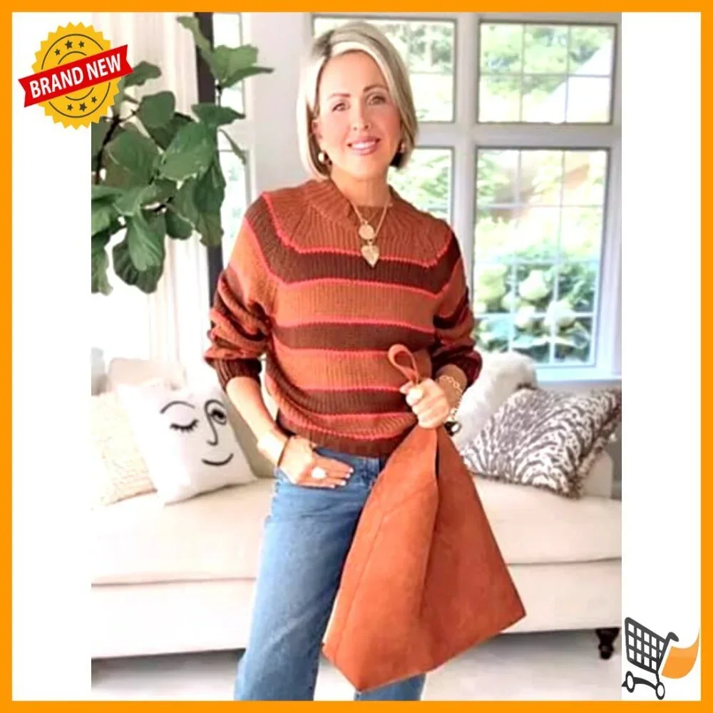 Striped Turtleneck Pullover Sweater Ribbed Knit Chunky Oversized Casual Winter - Picture 2 of 7